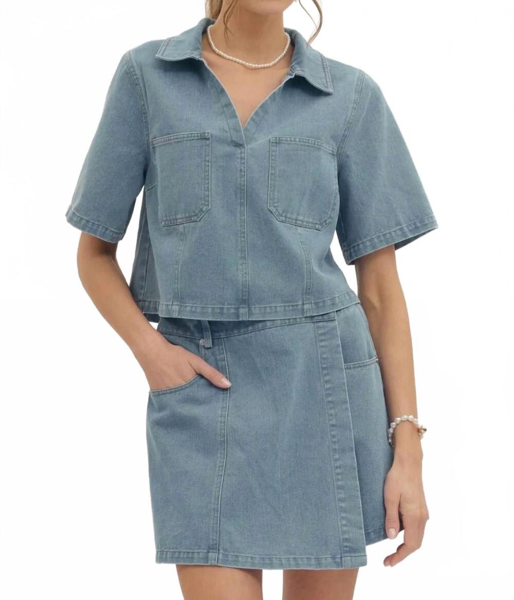 NEW ENTRO short sleeve denim woven top and short set in dusty blue